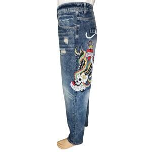 Ed Hardy Denim Jeans Eagle Patch Distressed Jeans Mens 38(Actual 20" flat)x31 5"